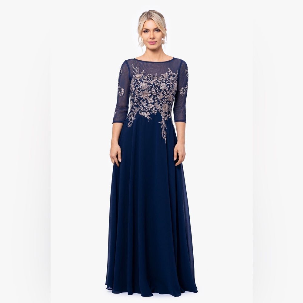 NWOT BETSY & ADAM | NAVY BROOKLYN LONG EMBROIDERY 3/4 SLEEVE DRESS 6P